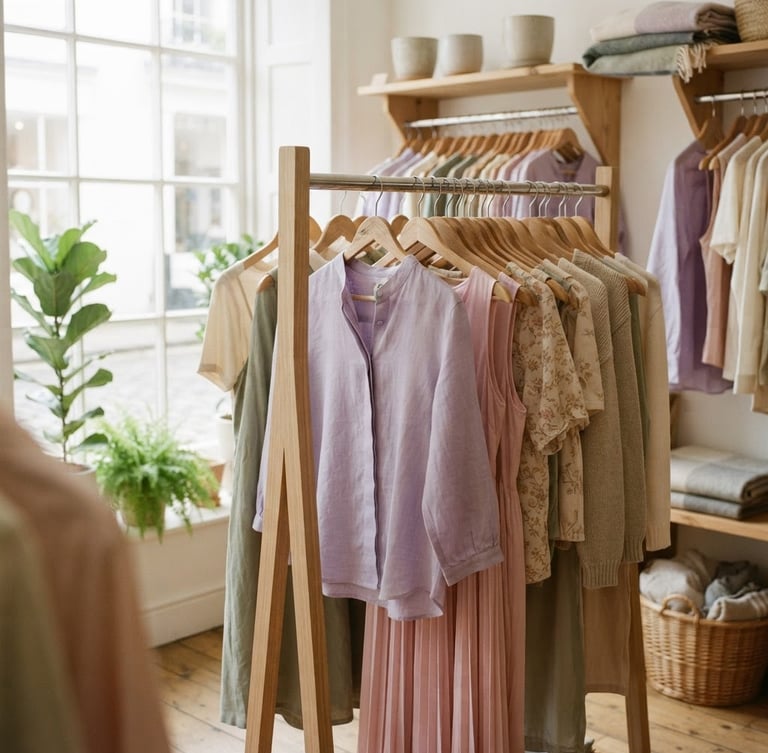 A bright, sunlit room with neatly organized clothing racks and wooden hangers, soft natural window light, warm editorial photography