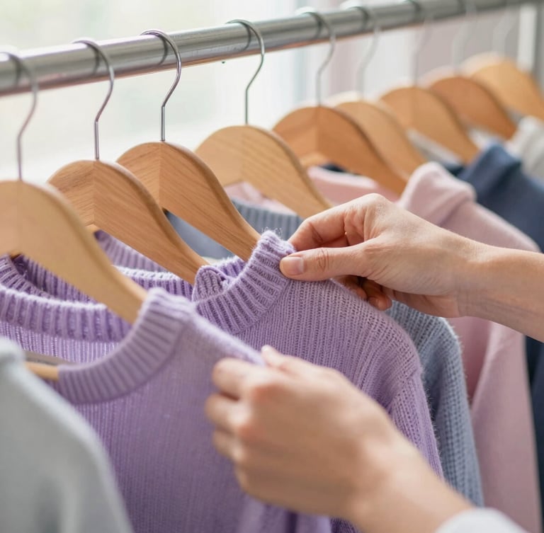 Close-up of a volunteer's hands neatly arranging colorful, clean knit sweaters on a warm wooden hanger, soft natural window light, shallow depth of field
