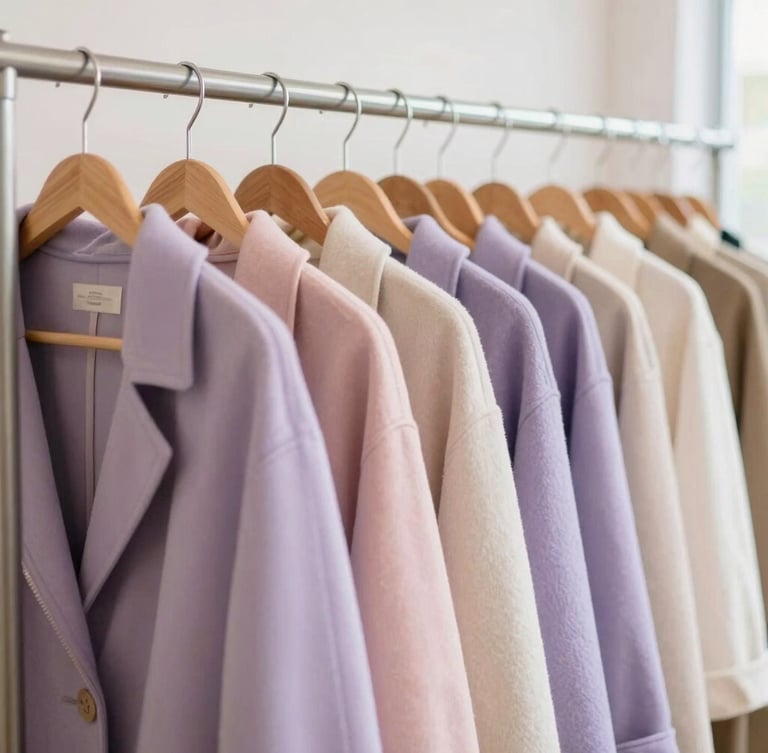 Soft natural daylight illuminating a neatly organized clothing rack with warm wooden hangers, clean pastel-colored coats, and a welcoming boutique atmosphere.