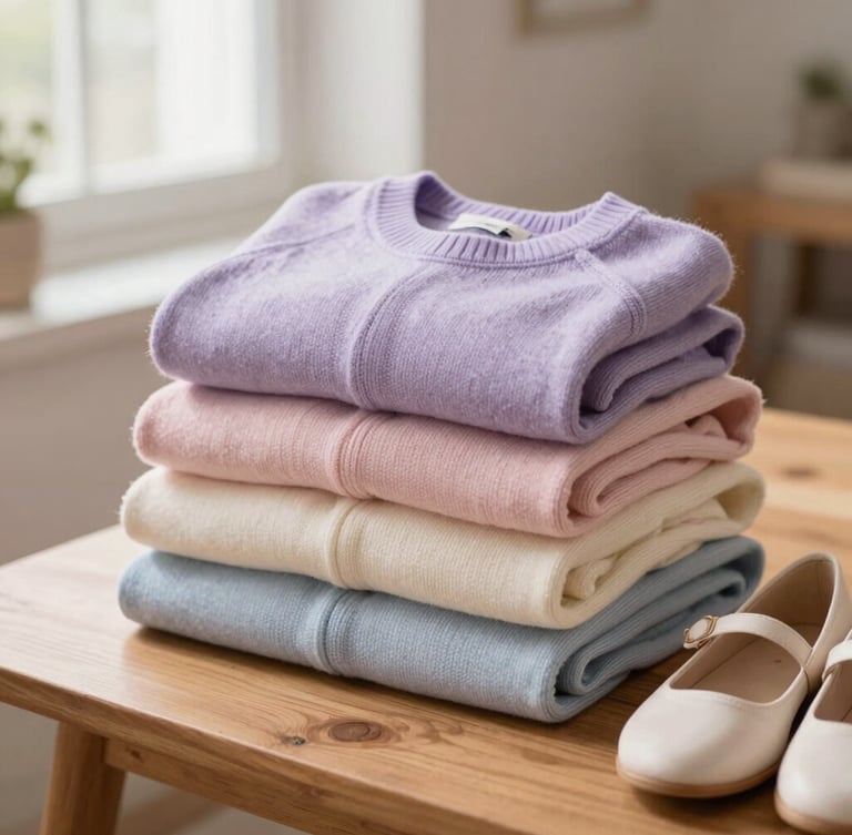 A neatly folded stack of pastel-colored sweaters and clean shoes on a wooden table, bathed in soft morning light, warm editorial style.