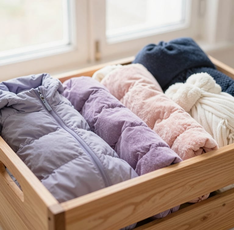 Warm editorial photo of a wooden collection bin filled with colorful new winter coats and scarves, soft morning light, shallow depth of field
