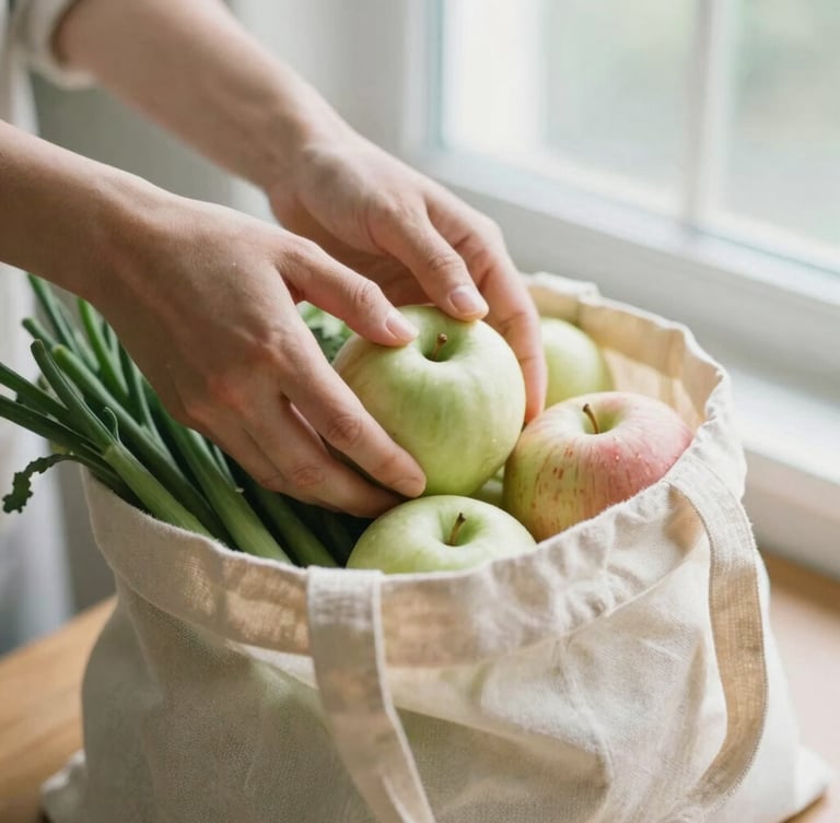A close-up of hands gently placing fresh apples and green vegetables into a clean, sturdy canvas bag, soft natural daylight, shallow depth of field.