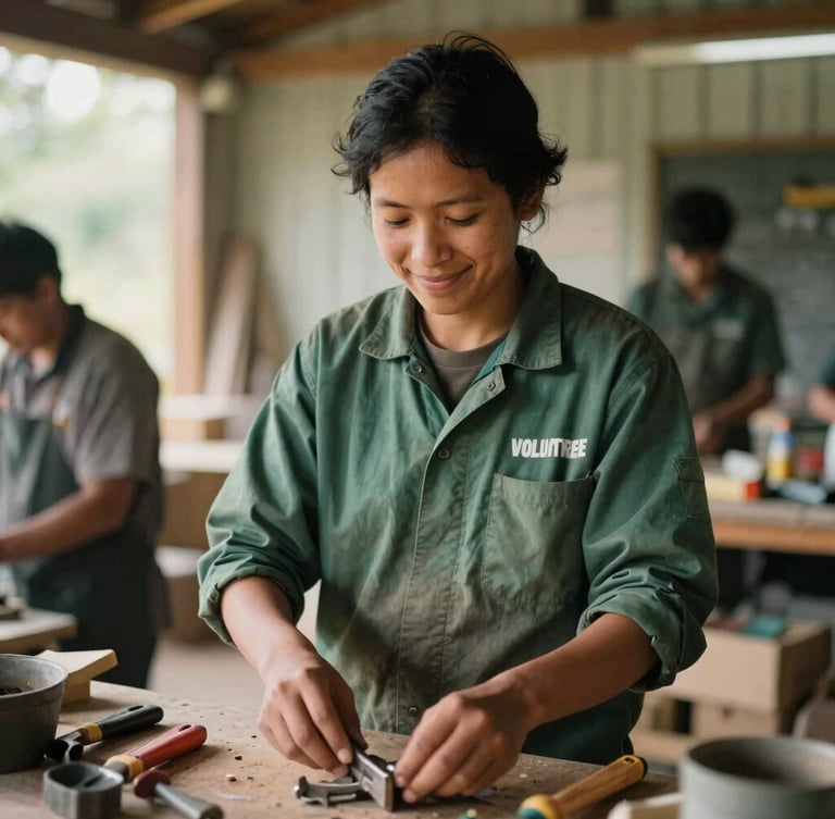 Candid portrait of a volunteer in a forest green work shirt smiling softly while organizing tools in a sunlit community workshop, shallow depth of field, warm organic tones.