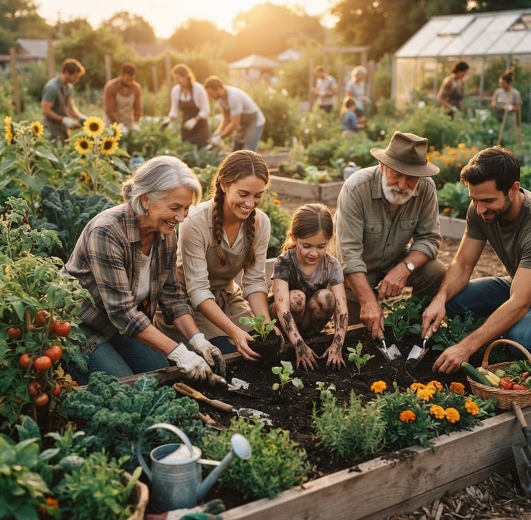 Candid documentary photo of volunteers of different ages working side-by-side in a community garden, warm golden-hour light, 35mm film aesthetic, earthy organic tones.