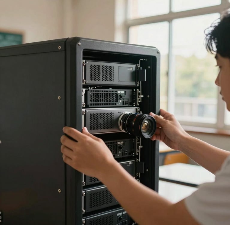 Close-up of hands installing a ruggedized server rack inside a solar-powered school lab, warm natural sunlight filtering through the window