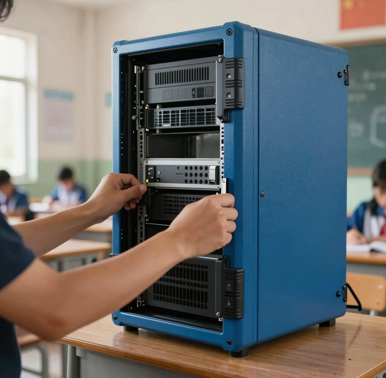 Close-up of hands installing a ruggedized blue server rack inside a rural school classroom, natural morning light.