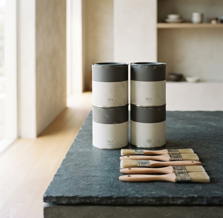 Neat stack of premium paint cans and clean professional brushes on a slate gray surface, bright natural daylight, architectural photography, sharp focus