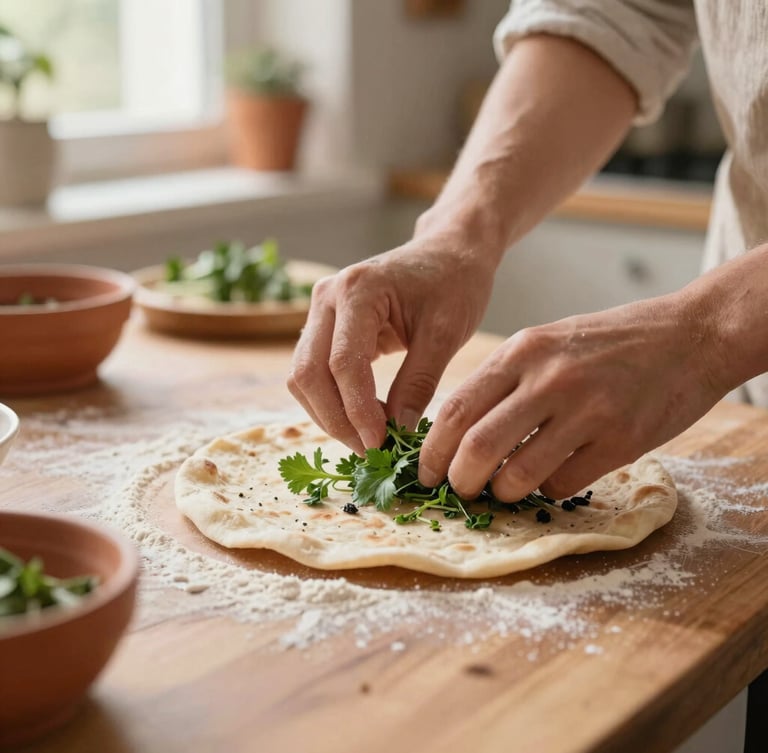 Close-up of hands preparing fresh herbs and flatbread together in a sunlit kitchen, flour dusting the wooden counter, warm terracotta tones, shallow depth of field.