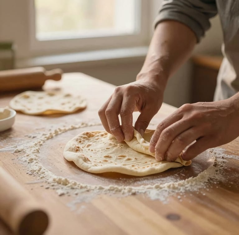 Hands preparing fresh flatbread together on a flour-dusted wooden table, warm golden-hour light, soft focus, candid editorial style.