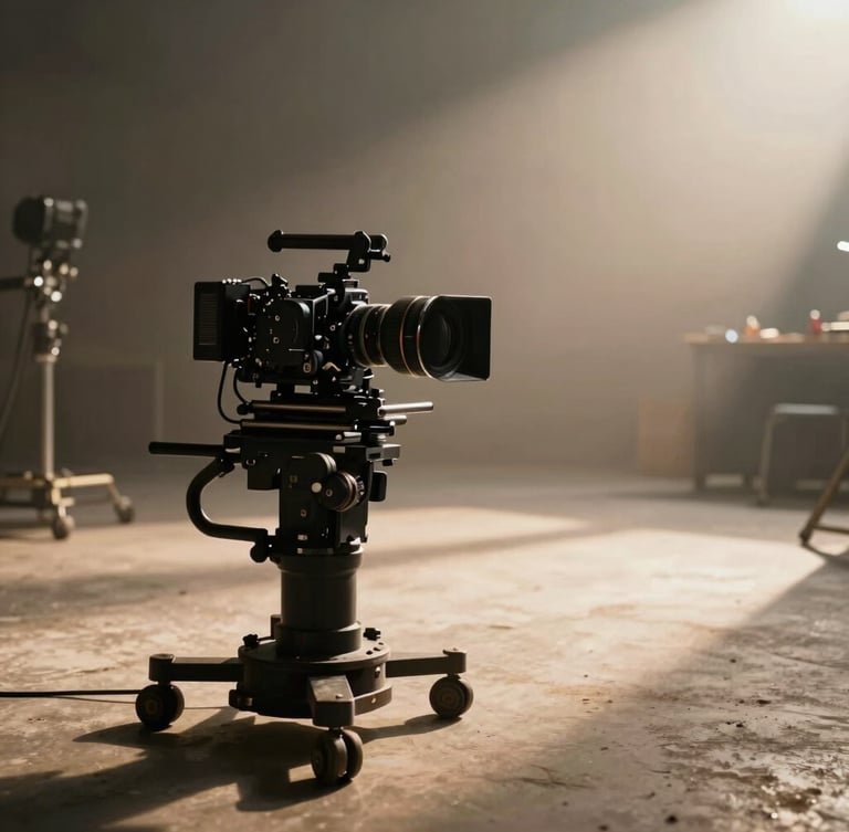Wide cinematic behind-the-scenes shot of a movie set, a rigged camera on a heavy stabilizer in the left foreground, soft warm backlighting casting long shadows across the studio floor, hazy atmosphere.