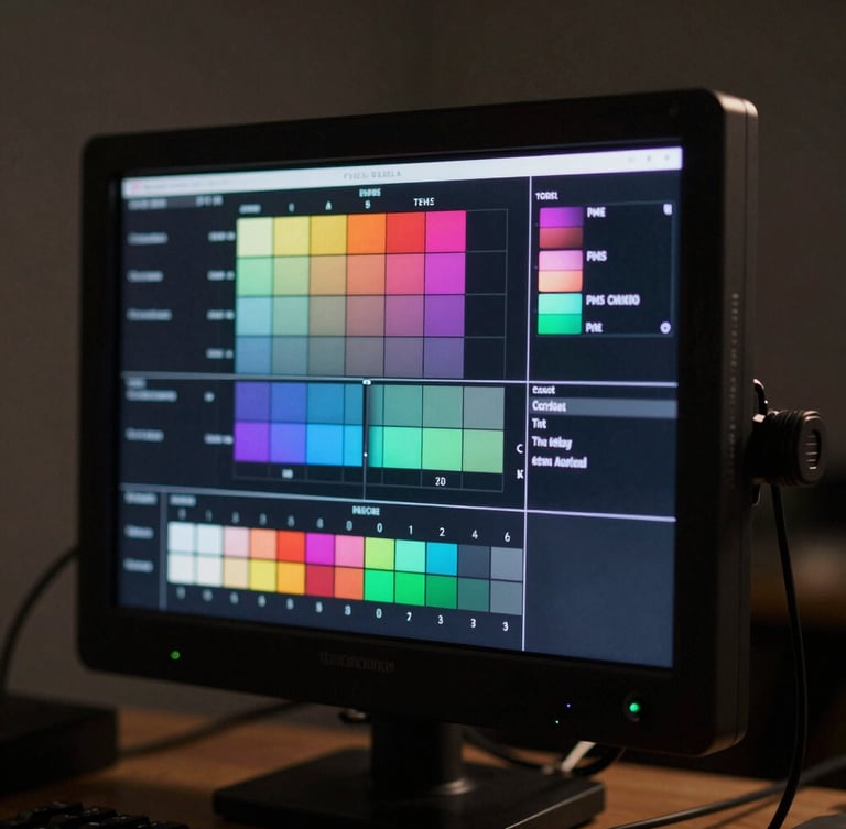 Dramatic close-up of a high-definition director monitor displaying a calibrated color chart under moody studio lighting, sharp focus.