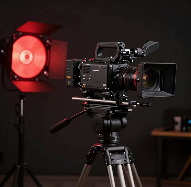 A rigged cinema camera with matte box and follow focus on a heavy tripod, low-key dramatic studio lighting with a red record light glowing, dark background, wide aspect.
