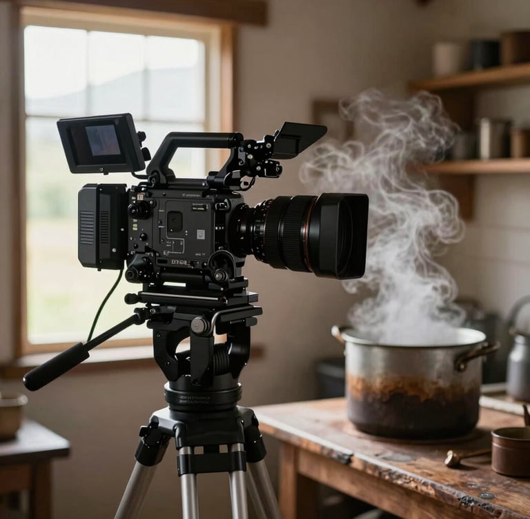 Visão lateral em ângulo fechado de uma câmera profissional sobre um tripé gravando o vapor subindo de uma panela de ferro fundido em uma cozinha rústica, iluminação natural suave vinda da janela lateral.