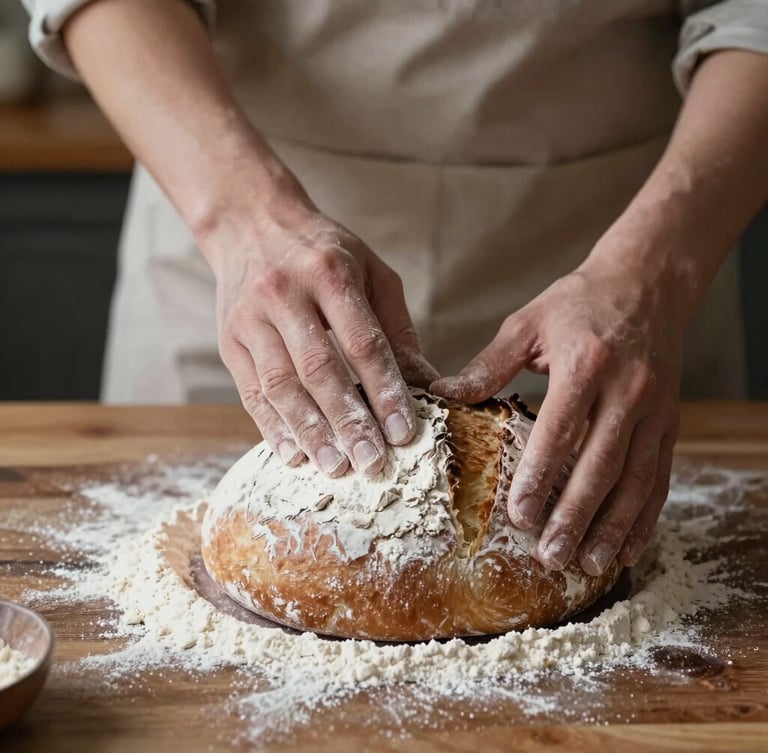 Moody Scandinavian-style close-up of hands dusting flour over a sourdough loaf on a dark wooden counter, soft natural side-light.