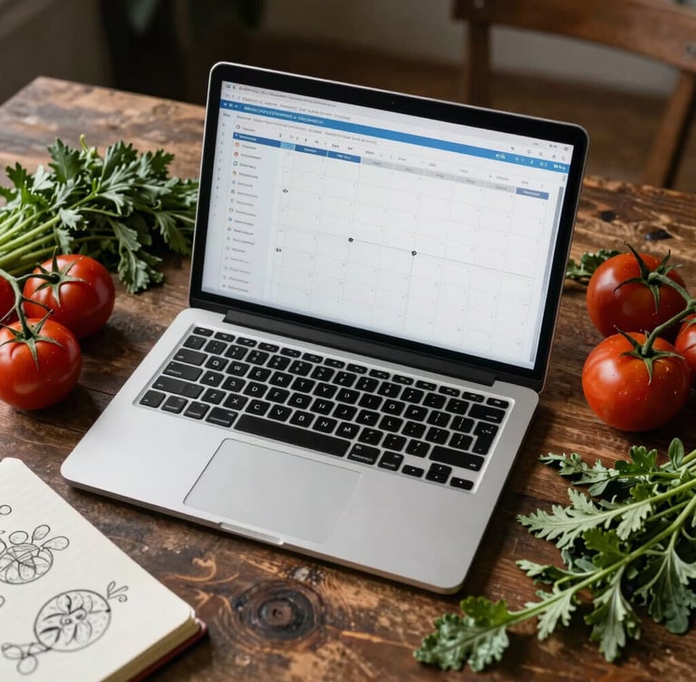 Overhead view of a rustic table with a laptop showing a content calendar, surrounded by fresh herbs, tomatoes, and a notebook with sketches, moody lighting.