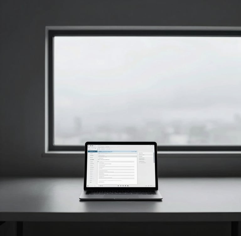 Minimalist modern workspace with a clean desk, a single tablet displaying structured data flows, cool overcast daylight, desaturated slate tones
