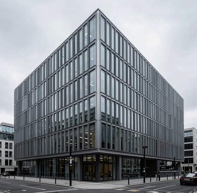 Cool architectural photography of a minimalist modern corporate headquarters in London, sharp steel and glass facade, overcast cool daylight, desaturated slate tones, wide angle 35mm