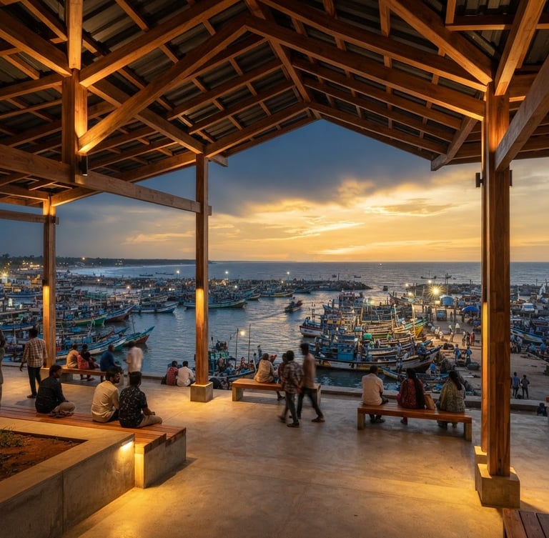 Wide-angle architectural shot of the open-air pavilion at golden hour, framing the active Puthiyappa Harbour and Arabian Sea, clean lines, warm uplighting, 35mm lens.