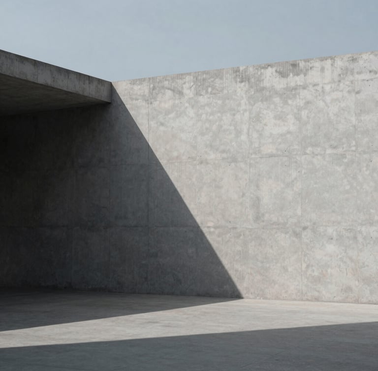 Minimalist architectural photography of concrete structural planes and sharp geometric shadows under cool overcast daylight, high-contrast composition, desaturated cool tones, 35mm.