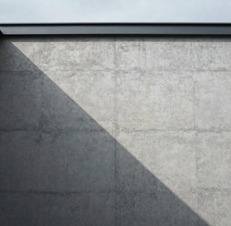 Minimalist architectural photography of a concrete facade with sharp geometric shadows, cool overcast daylight, desaturated cool tones, high-contrast composition, 35mm
