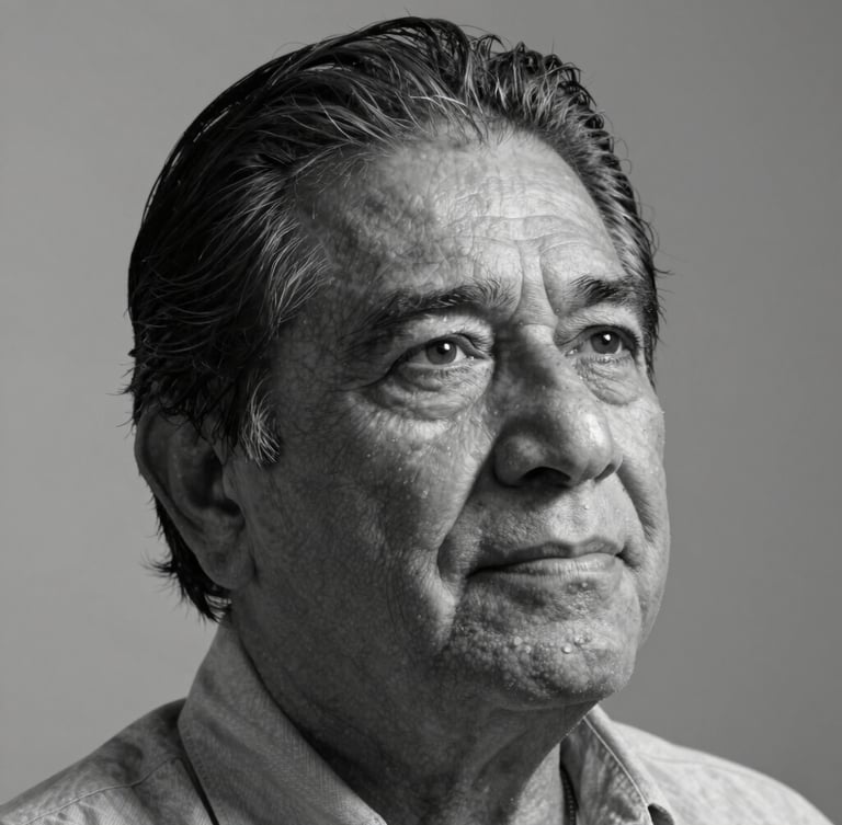 A close-up portrait of a mature Mexican author in black and white, natural side lighting casting deep shadows, serene expression, neutral background