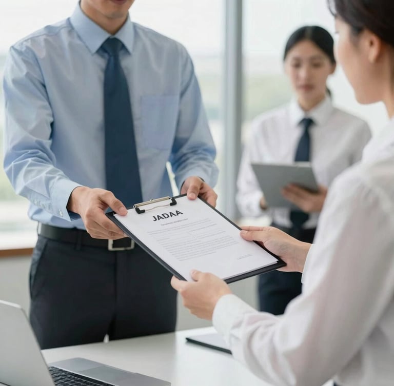 Professional JADAA team member in a clean corporate-casual uniform, discreetly handing a secure document folder to a client in a modern office environment, focus on the hand-over, bright natural Texas daylight.