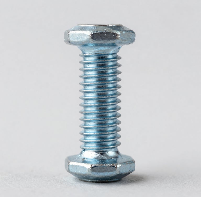 Macro detail of high-resolution steel bolts showing precise thread counts, high-key studio lighting, neutral grey background, sharp focus