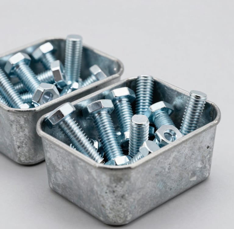 Crisp industrial product photography of heavy-duty steel bolts and high-tensile fasteners organized in steel bins, bright clean studio lighting, neutral grey background, sharp focus, 50mm lens.