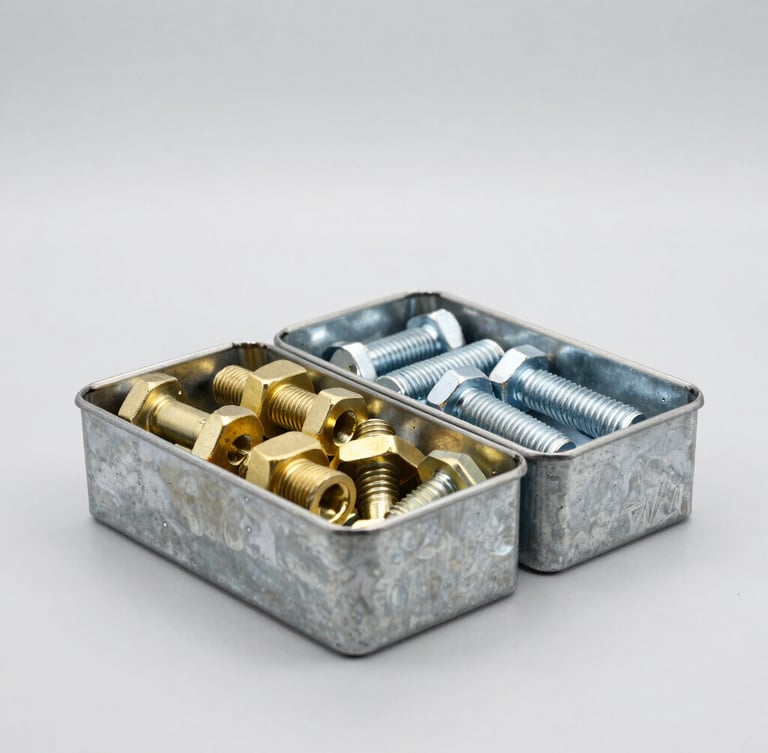 Straight-on technical product shot of heavy-duty industrial brass fasteners and steel bolts organized in steel bins, bright clean studio lighting, neutral grey background