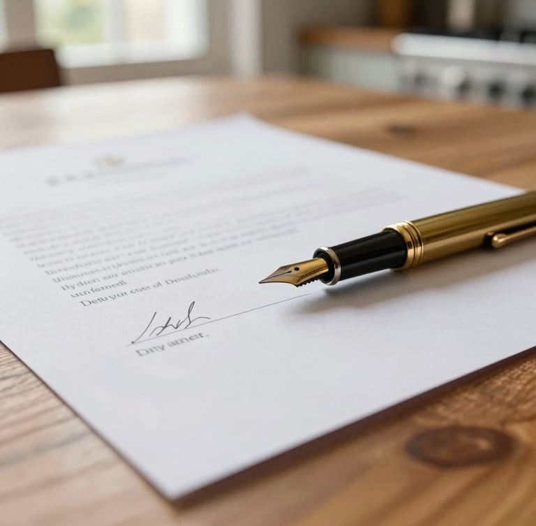 Close-up of a physical estate document on a warm wooden kitchen table, a classic brass fountain pen resting on the signature line, soft natural morning light from a nearby window, shallow depth of field.