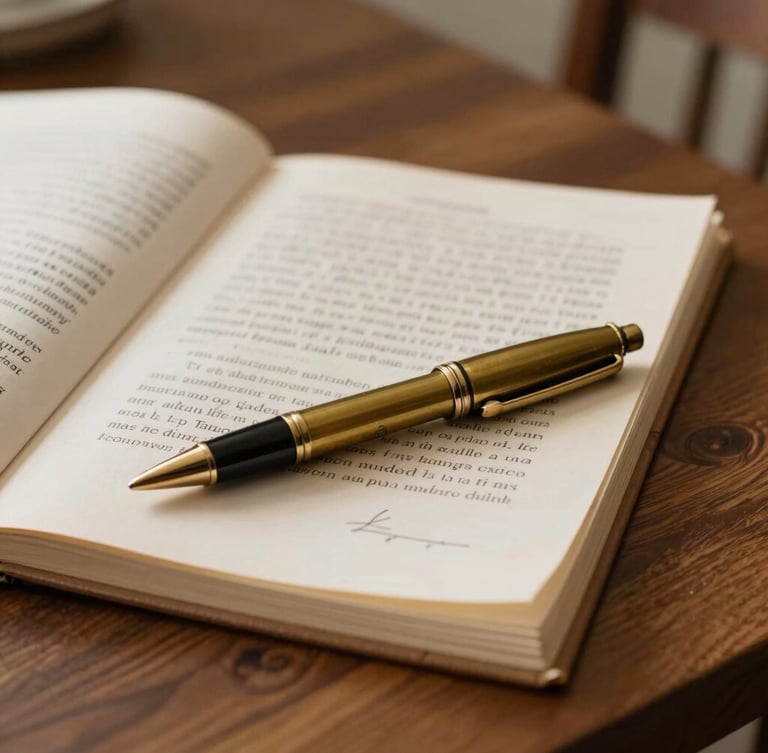 Close-up of physical legacy documents and a classic brass pen resting on a dark oak kitchen table, warm natural side lighting