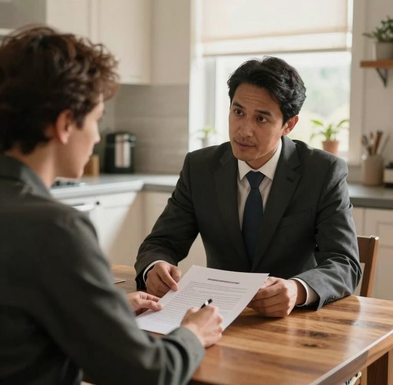 Medium shot of an insurance agent and a client reviewing a document at a wooden kitchen table, warm natural window light, genuine conversation.