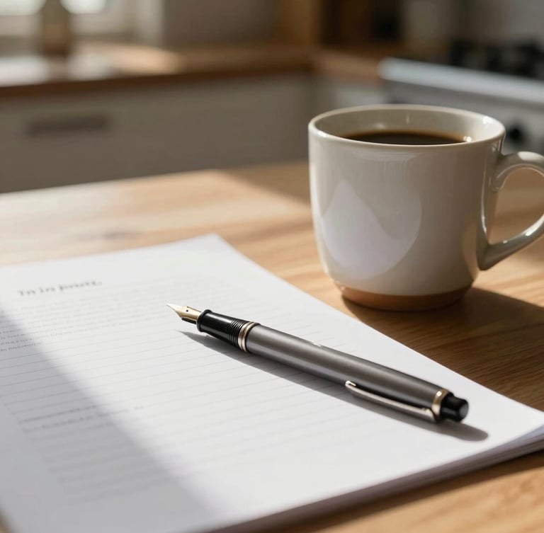 A warm, sunlit kitchen table with a ceramic coffee mug and a fountain pen resting on a clean paper document, soft natural depth of field, domestic morning light.