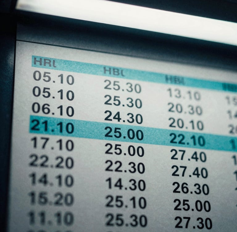 Macro close-up of a printed bus run sheet, with specific block and spread hours highlighted in teal against the off-white paper, under harsh fluorescent depot lighting, gritty high contrast, 35mm film.
