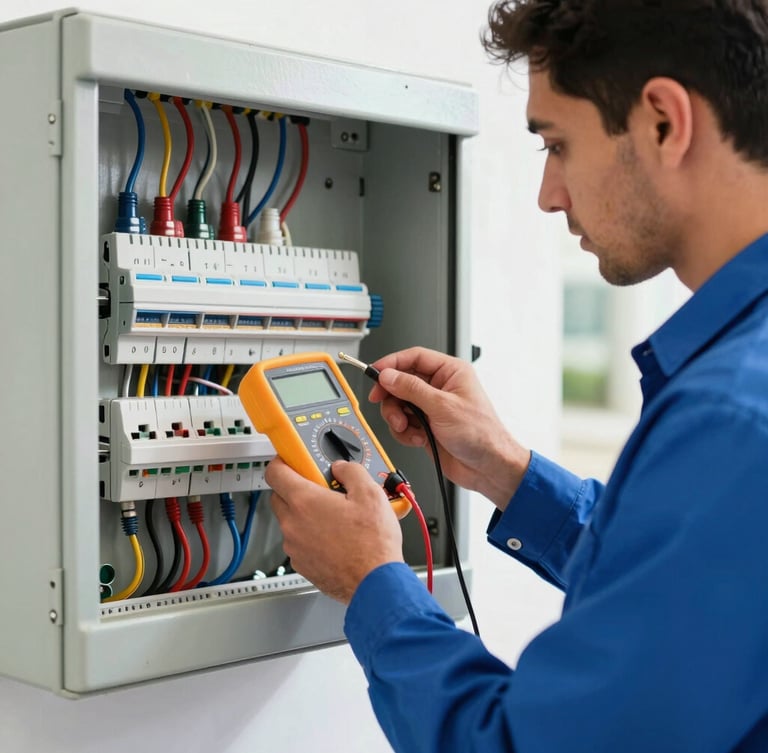 Close-up of a professional technician in a clean royal blue uniform using a digital multimeter to test a modern, neatly wired electrical panel in a Riyadh villa, bright daylight, sharp focus.