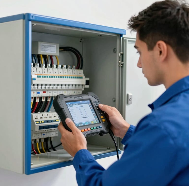 Medium close-up of a professional technician in a clean royal blue uniform using a digital diagnostic tool on an electrical panel, bright daylight, sharp focus.