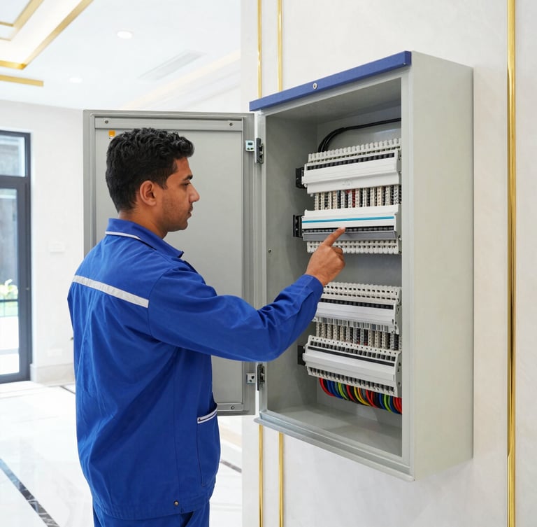 A professional technician in a clean royal blue uniform inspecting a modern electrical panel in a luxury Riyadh villa, bright high-key lighting, gold accents, sharp focus, 35mm