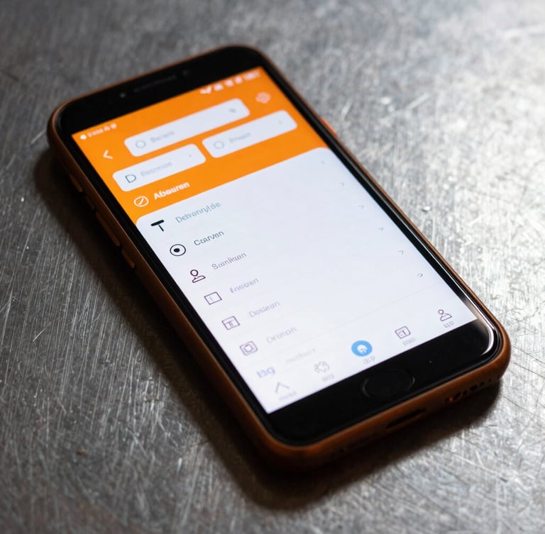 Extreme close-up of a rugged Android device displaying a high-contrast, functional UI layout with sharp safety orange accents, directional studio lighting, hard shadows, raw steel background.