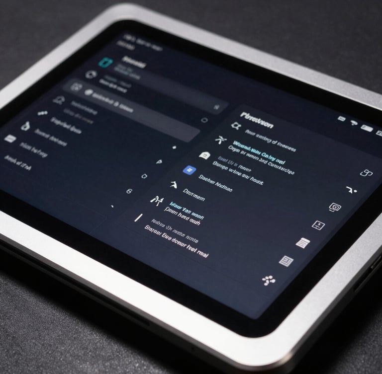 Macro orthographic shot of a rugged Android tablet interface displaying a high-contrast technical system menu, harsh directional studio lighting casting sharp shadows on brushed steel casing.