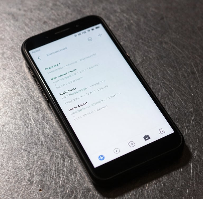 Macro orthographic view of a rugged Android device screen displaying a high-contrast monospaced system launcher UI, sharp directional studio lighting, raw steel background, hard shadows.