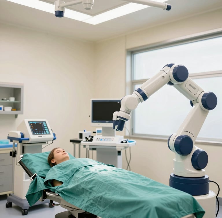 Modern, brightly lit operation theatre with advanced robotic surgical equipment, clean and sterile environment, soft studio lighting, focused on the technology, deep navy and teal accents.