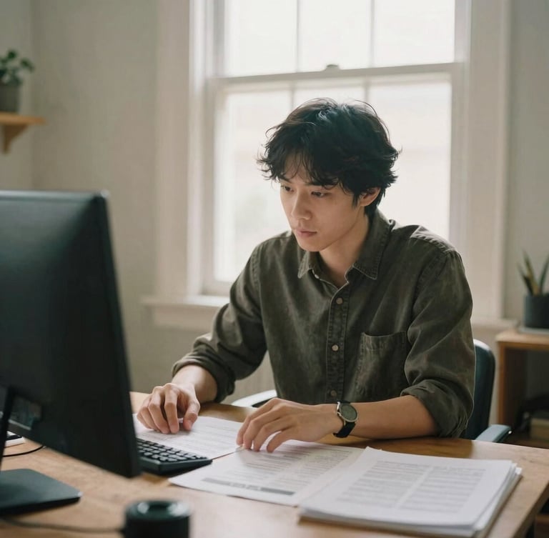 A warm, natural home office environment with soft window light, a small business owner calmly looking over clear-cut options on a table, 35mm photography