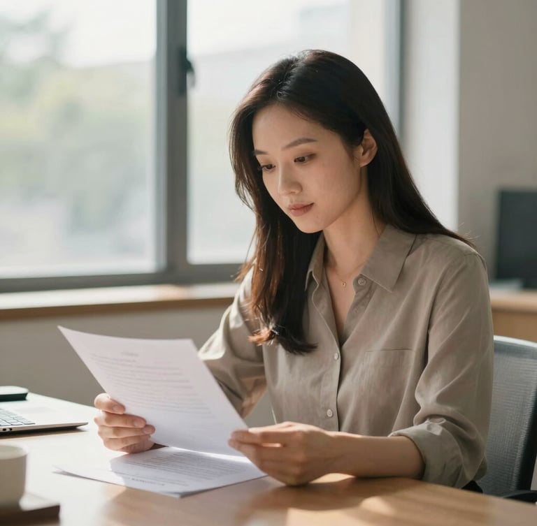 A warm environmental portrait of a professional health insurance advisor sitting in a sunlit office, reviewing simple documents, soft natural window light, shallow depth of field, 35mm