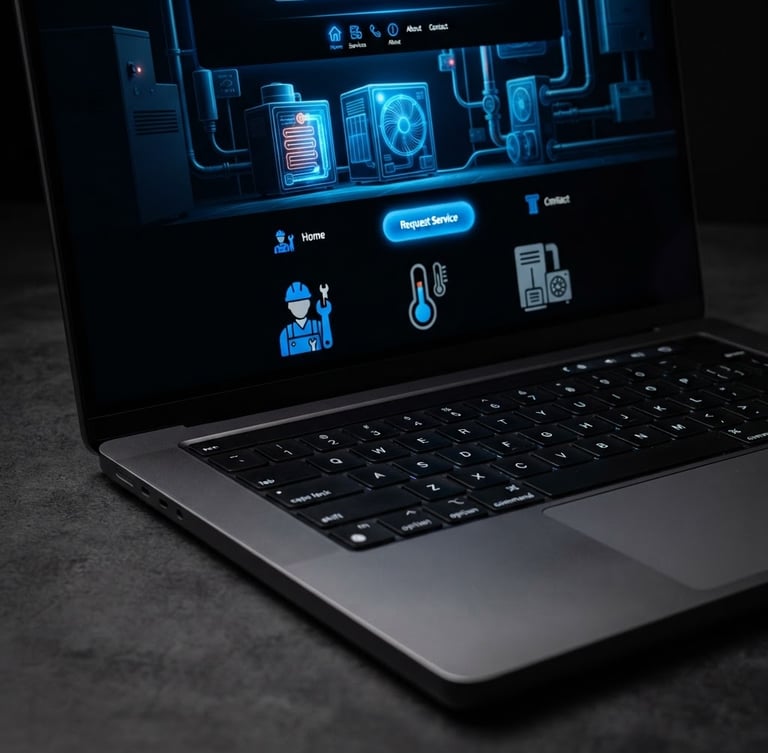 Tight crop on a sleek laptop displaying a modern HVAC contractor website, high contrast studio lighting, deep blacks with vibrant blue accents, 50mm.