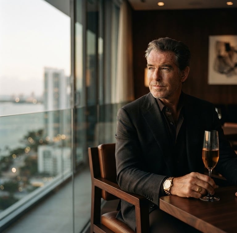 Cinematic portrait of a high-net-worth individual, strong executive presence, low-key lighting, rich espresso and champagne tones, in a modern architectural Miami space, shallow depth of field, 35mm film grain, positioned on the right third.