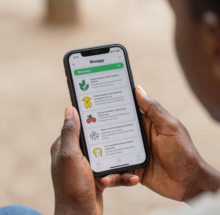 A close-up of a West African student's hands holding a mobile phone displaying a clear biology flashcard layout, bright natural daylight, crisp focus.