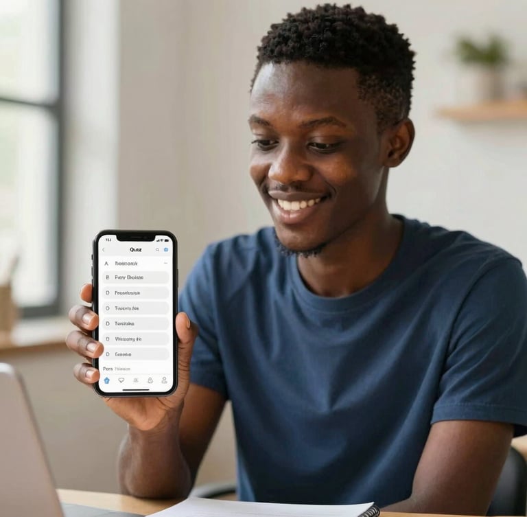 A focused West African student studying under natural daylight, holding a mobile phone displaying a clean quiz interface, smiling with confidence.