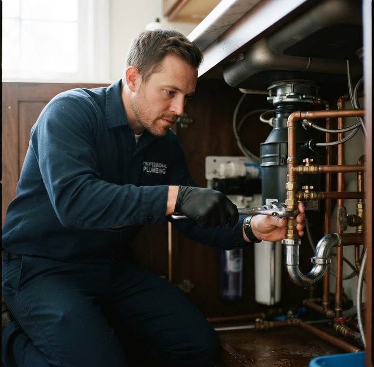Clean professional plumber in uniform working on residential pipes, bright daylight, high-contrast navy and metallic tones, sharp focus, 35mm