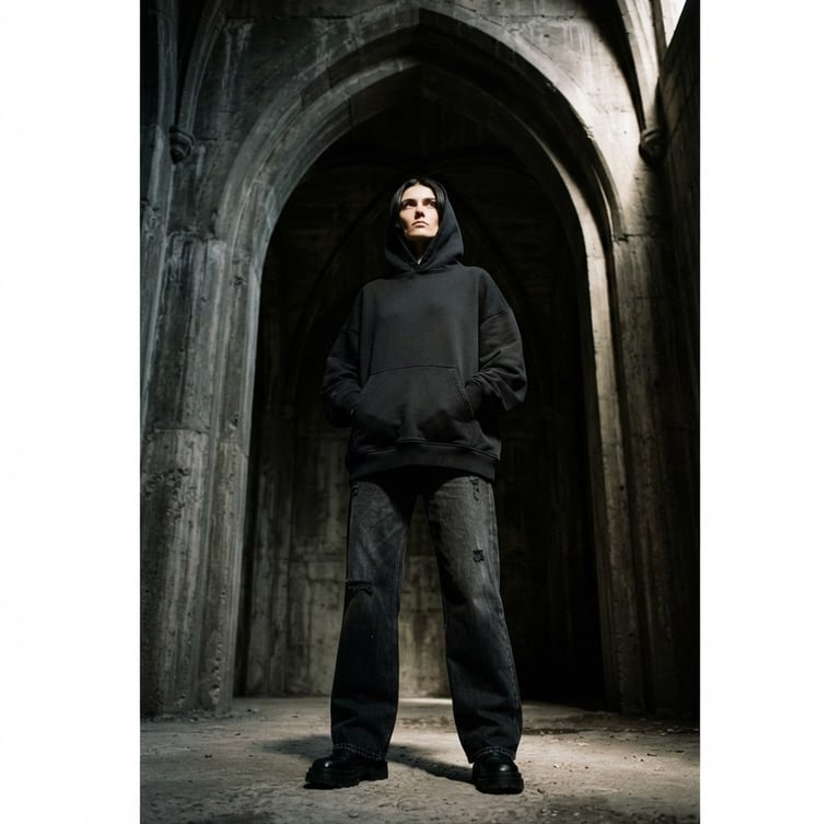 Low-angle heroic shot of a model wearing an oversized heavyweight drop-shoulder black hoodie, standing against a raw concrete gothic arch, harsh chiaroscuro lighting casting deep shadows, 35mm film