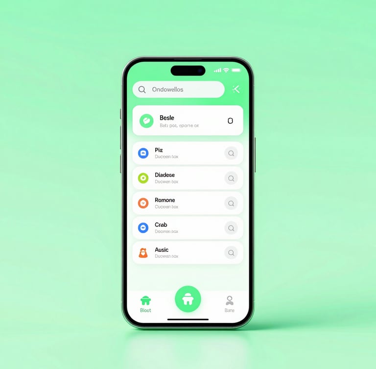 Vibrant digital 3D render of a stylized Android device showing a clean, zero-bloat settings interface, high-contrast neon mint green backlighting, isometric perspective